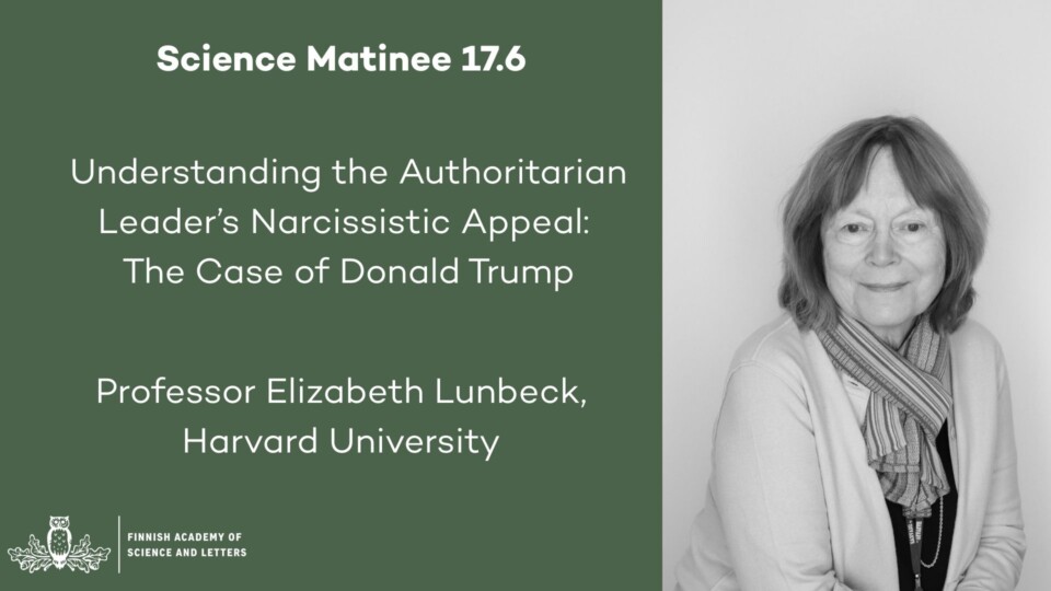 In the picture is the title of the event: Understanding the Authoritarian Leader’s Narcissistic Appeal: The Case of Donald Trump, as well as a photo of Elizabeth Lunbeck