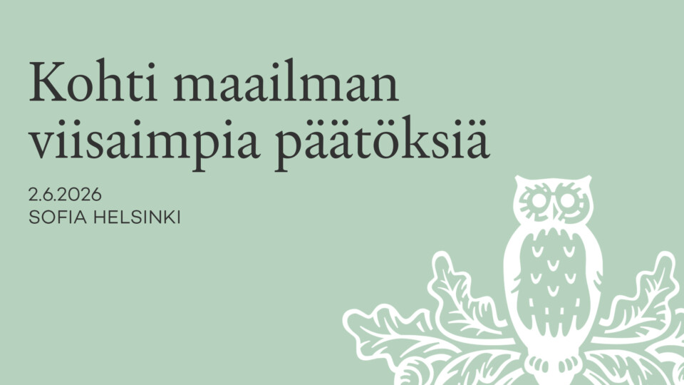 Tapahtuman kuvituskuva, jossa vihreällä taustalla Tiedeakatemian pöllölogo ja teksti Kohti maailman viisaimpia päätöksiä.