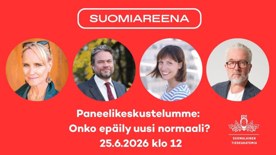 Tiedeakatemian SuomiAreena -paneelin puhujat. Vasemmalta: Laura Saarikoski, Juhana Aunesluoma, Katri Saarikivi, Pekka Aula