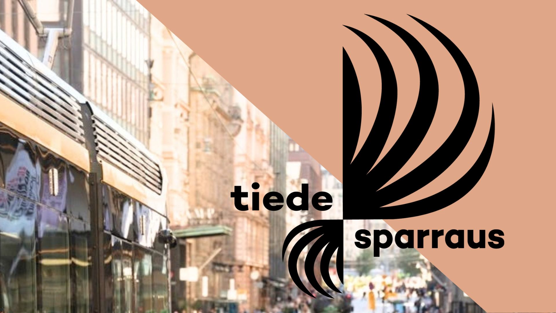 Tiedesparraus-logo oranssilla taustalla ja valokuva Helsingin keskustasta